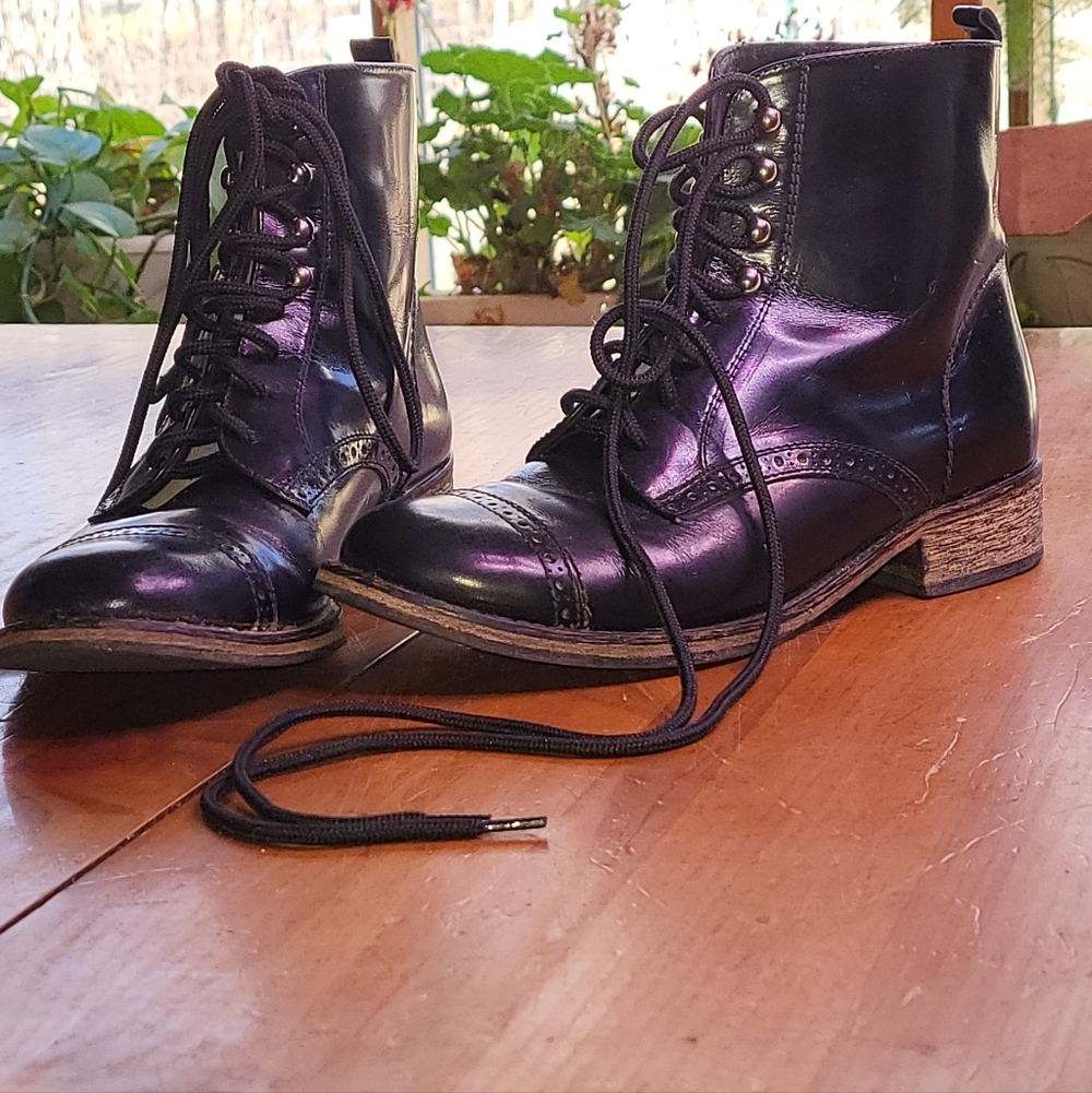 Maje Black Leather Combat Boot Glossy Bootie Size 37 / 7